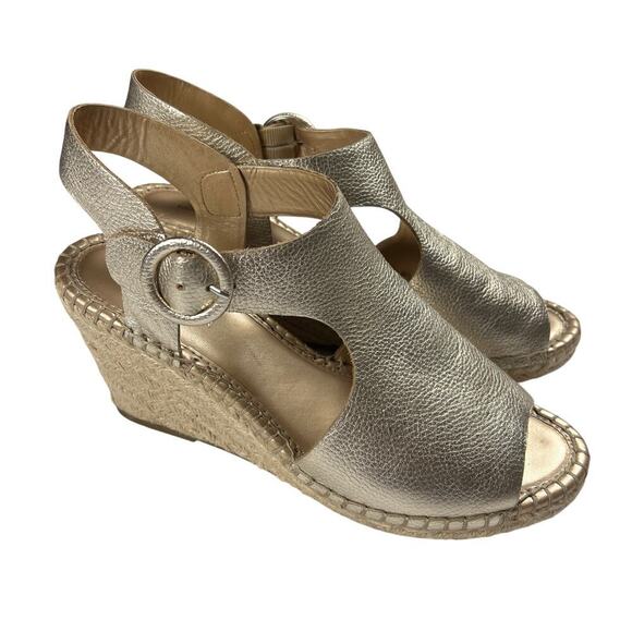 Marc Fisher Sakae Leather Wedge Slingback Espadrille Sandals Soft Gold Size 9W - Picture 1 of 9